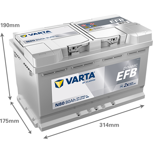 Batería Varta N80 EFB con medidas